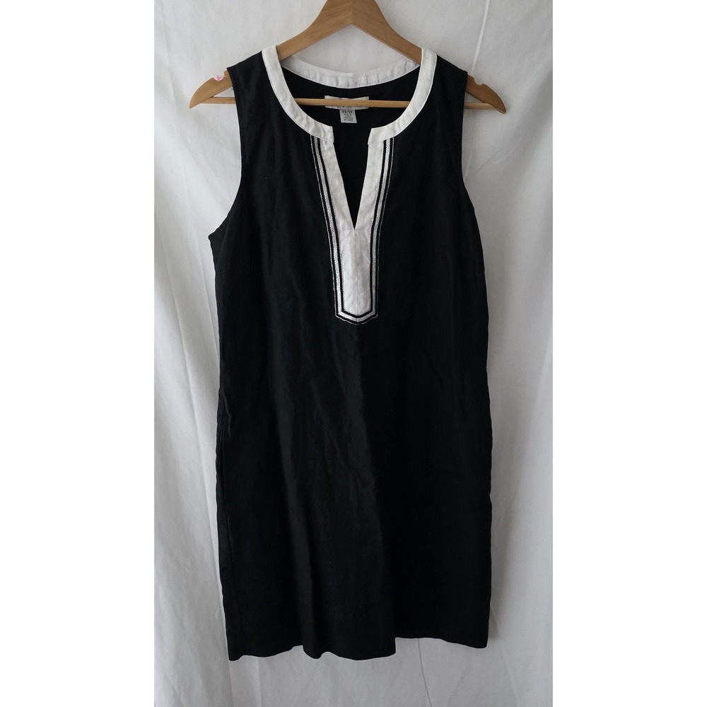 Tommy Bahama Two Palm Shift Dress Womens XS Black Linen Blend Silver Trim V-Neck